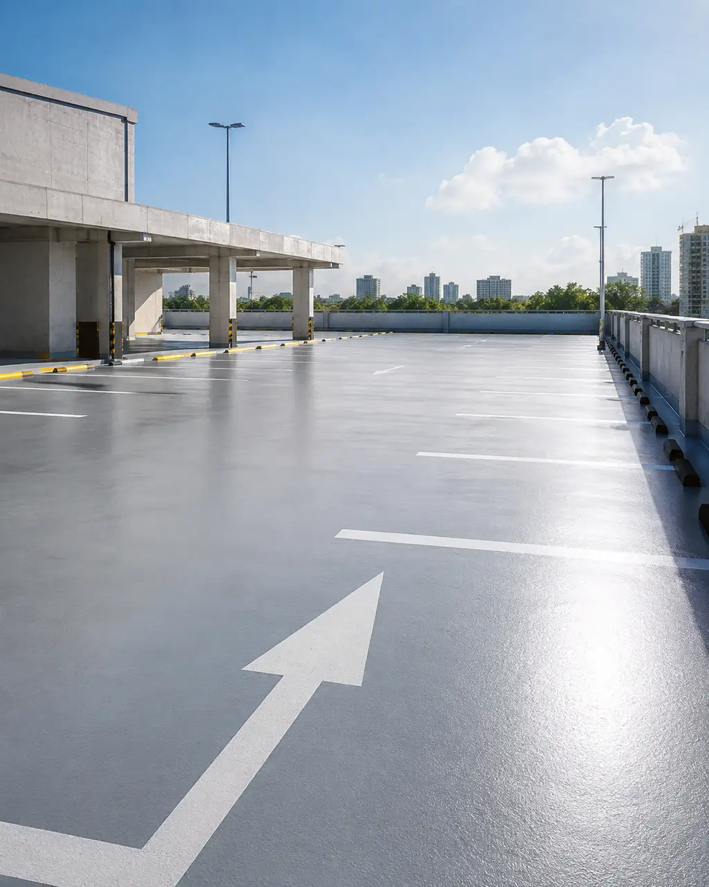 Acrylic floor coating applied on an outdoor parking deck and traffic area