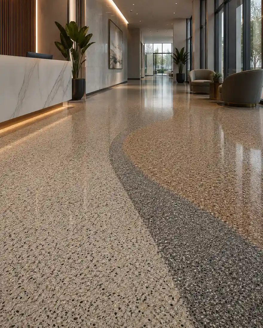Decorative colored sand epoxy flooring in a modern commercial interior