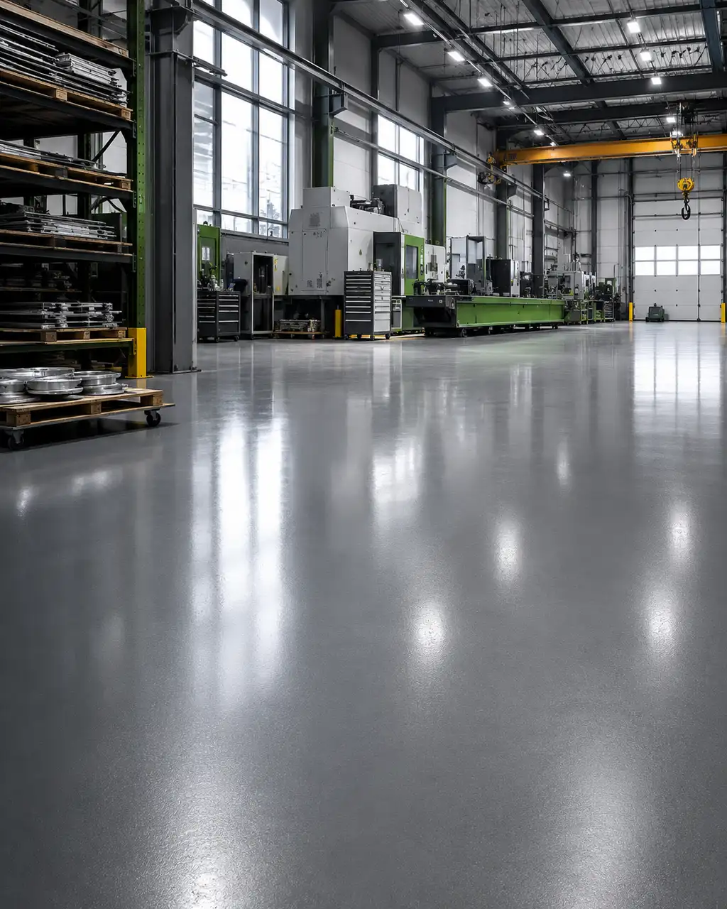 Industrial epoxy floor coating applied on a smooth factory and workshop floor