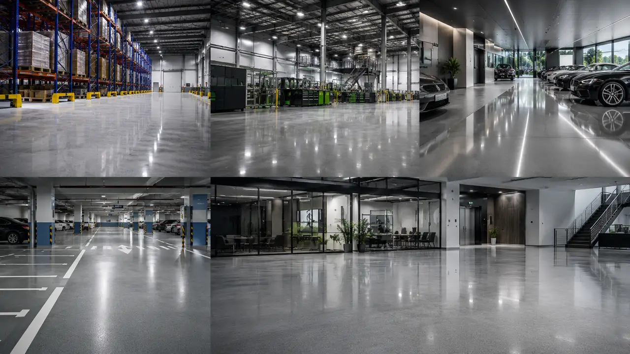 Industrial floor coating applications across warehouses factories parking facilities showrooms and commercial spaces