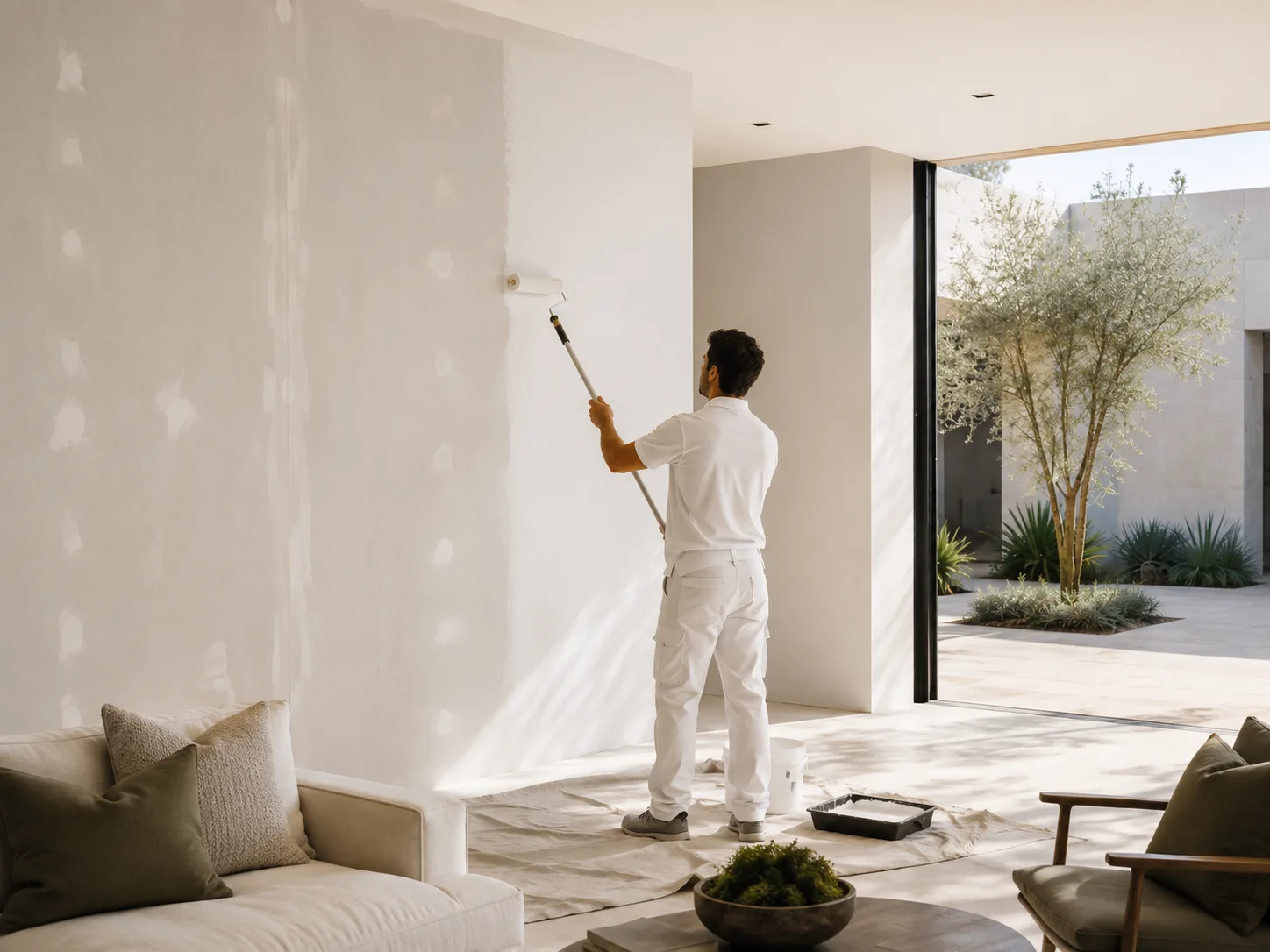 Wall primer being applied to a prepared masonry wall before latex paint topcoat